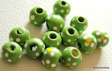 20 x Green Wood Beads with Handpainted Flowers 10mmx9mm